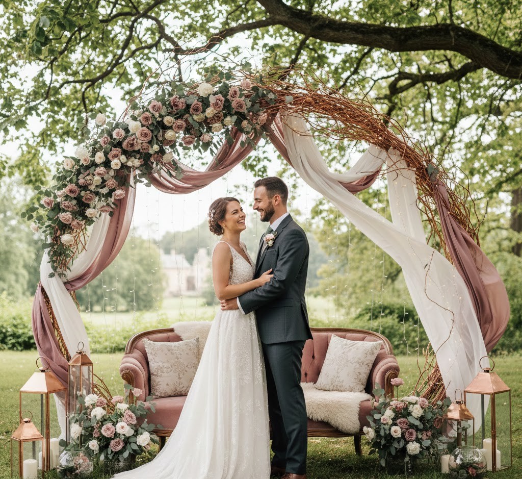 Bryllupsfoto med fotovæg