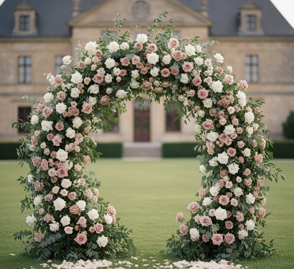 Elegant floral arch med roser